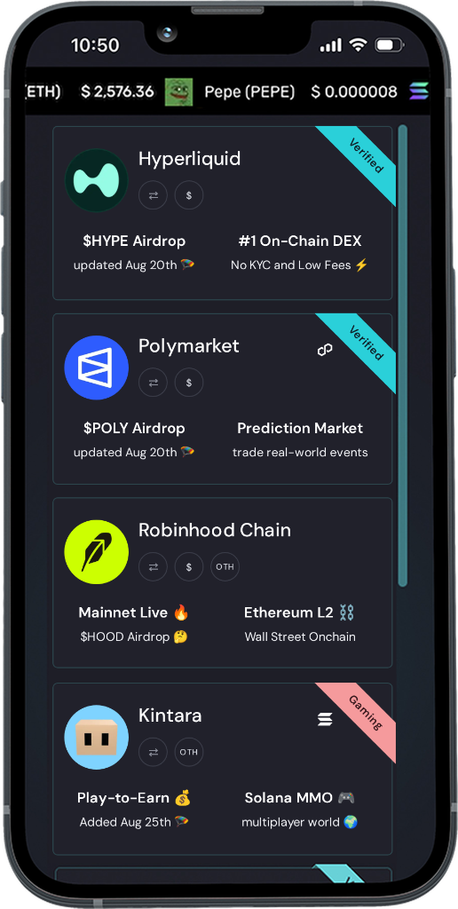 Crypto Airdrops on the AirdropAlert App Crypto airdrops on AirdropAlert mobile: Hyperliquid, Polymarket, Robinhood Chain and Kintara airdrop cards